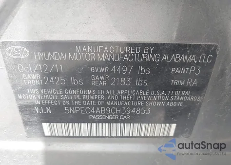 2012 Hyundai Sonata Se 2.0T z USA, uszkodzony, nr VIN 5NPEC4AB9CH394853